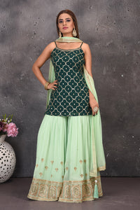 Buy beautiful dark and mint green embroidered sharara suit online in USA with dupatta. Look stylish at parties and wedding festivities in designer dresses, Indowestern outfits, Anarkali suits, wedding lehengas, palazzo suits, sharara suits from Pure Elegance Indian clothing store in USA.-full view