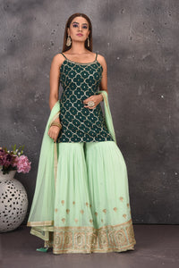 Buy stunning dark green and mint green embroidered sharara suit online in USA with dupatta. Look stylish at parties and wedding festivities in designer dresses, Indowestern outfits, Anarkali suits, wedding lehengas, palazzo suits, sharara suits from Pure Elegance Indian clothing store in USA.-full view