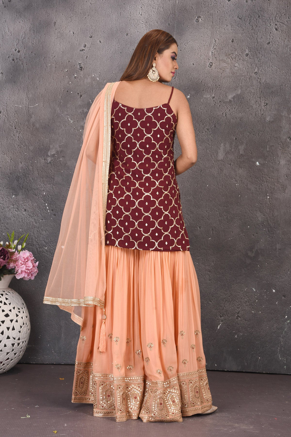 Shop gorgeous maroon and peach embroidered sharara suit online in USA with dupatta. Look stylish at parties and wedding festivities in designer dresses, Indowestern outfits, Anarkali suits, wedding lehengas, palazzo suits, sharara suits from Pure Elegance Indian clothing store in USA.-back