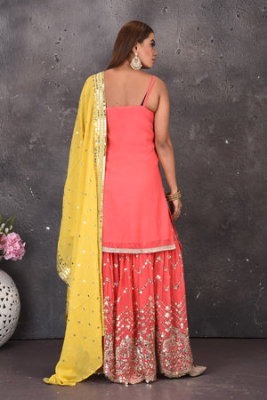 Shop beautiful pink mirror work sharara suit online in USA with yellow dupatta. Look stylish at parties and wedding festivities in designer dresses, Indowestern outfits, Anarkali suits, wedding lehengas, palazzo suits, sharara suits from Pure Elegance Indian clothing store in USA.-back