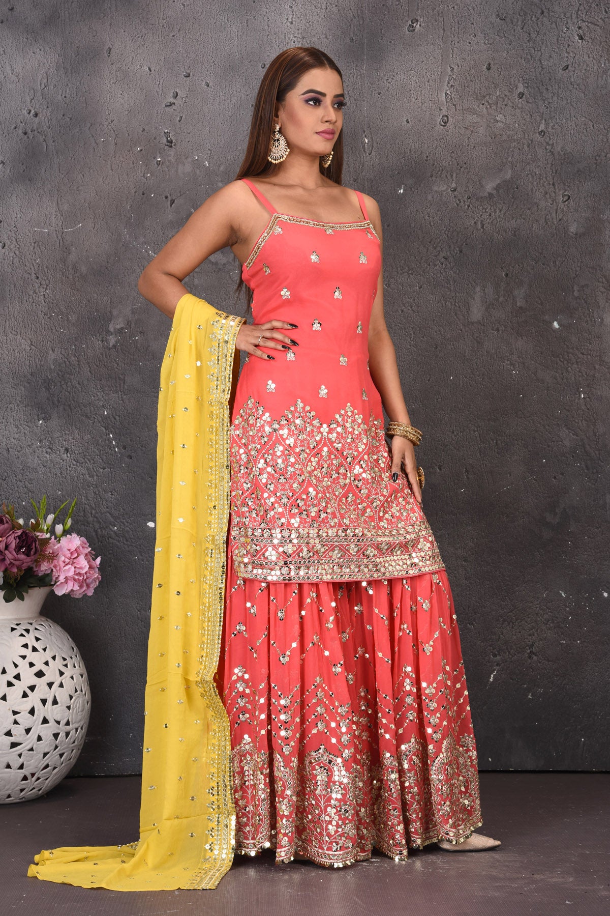 Shop beautiful pink mirror work sharara suit online in USA with yellow dupatta. Look stylish at parties and wedding festivities in designer dresses, Indowestern outfits, Anarkali suits, wedding lehengas, palazzo suits, sharara suits from Pure Elegance Indian clothing store in USA.-side
