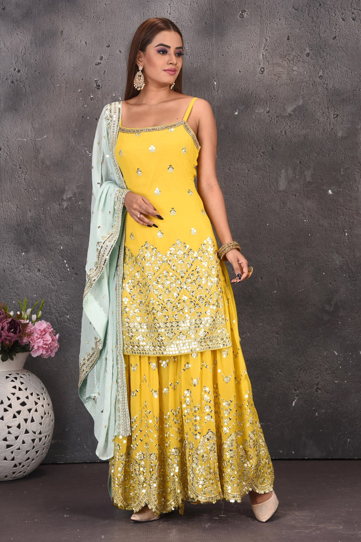 Buy stunning yellow mirror embroidery sharara suit online in USA with powder blue dupatta. Look stylish at parties and wedding festivities in designer dresses, Indowestern outfits, Anarkali suits, wedding lehengas, palazzo suits, sharara suits from Pure Elegance Indian clothing store in USA.-full view