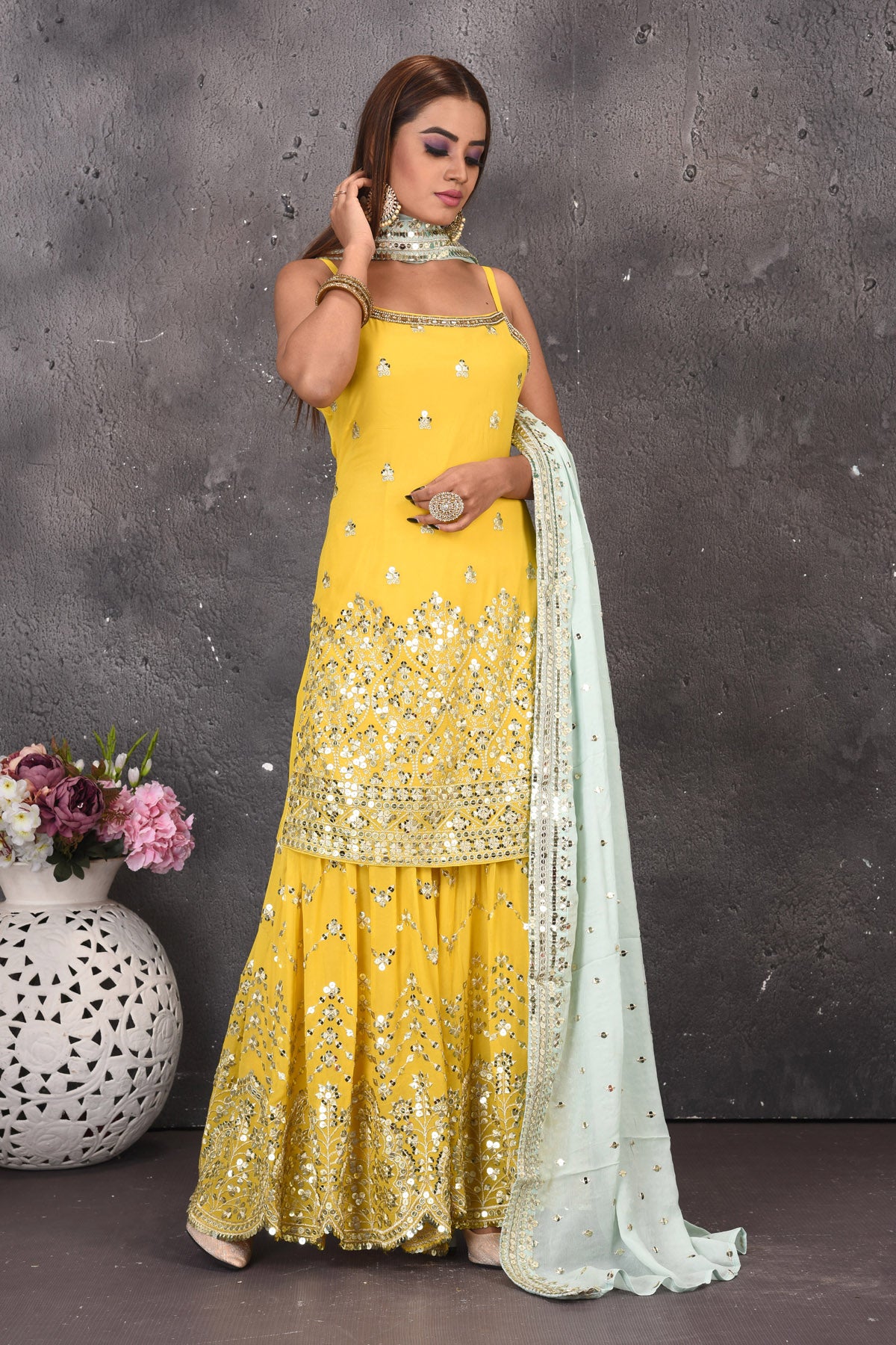 Shop stunning yellow mirror work sharara suit online in USA with powder blue dupatta. Look stylish at parties and wedding festivities in designer dresses, Indowestern outfits, Anarkali suits, wedding lehengas, palazzo suits, sharara suits from Pure Elegance Indian clothing store in USA.-dupatta