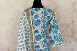 Shop beautiful white and blue Kalamkari palazzo suit online in USA with gota lace. Get set to dazzle on festive occasions in this exquisite designer suits, Anarkali dress, sharara suits, salwar suits, palazzo suits from Pure Elegance Indian fashion store in USA.-back