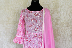 Buy beautiful light pink Kadhi print Anarkali suit online in USA with dupatta, Be a vision of style and elegance on festive occasions in designer suits, desinger lehenga, shararas suits, Anarkali suit, designer gowns from Pure Elegance Indian fashion store in USA.  -closeup