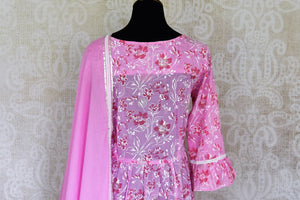 Buy beautiful light pink Kadhi print Anarkali suit online in USA with dupatta, Be a vision of style and elegance on festive occasions in designer suits, desinger lehenga, shararas suits, Anarkali suit, designer gowns from Pure Elegance Indian fashion store in USA.  -back