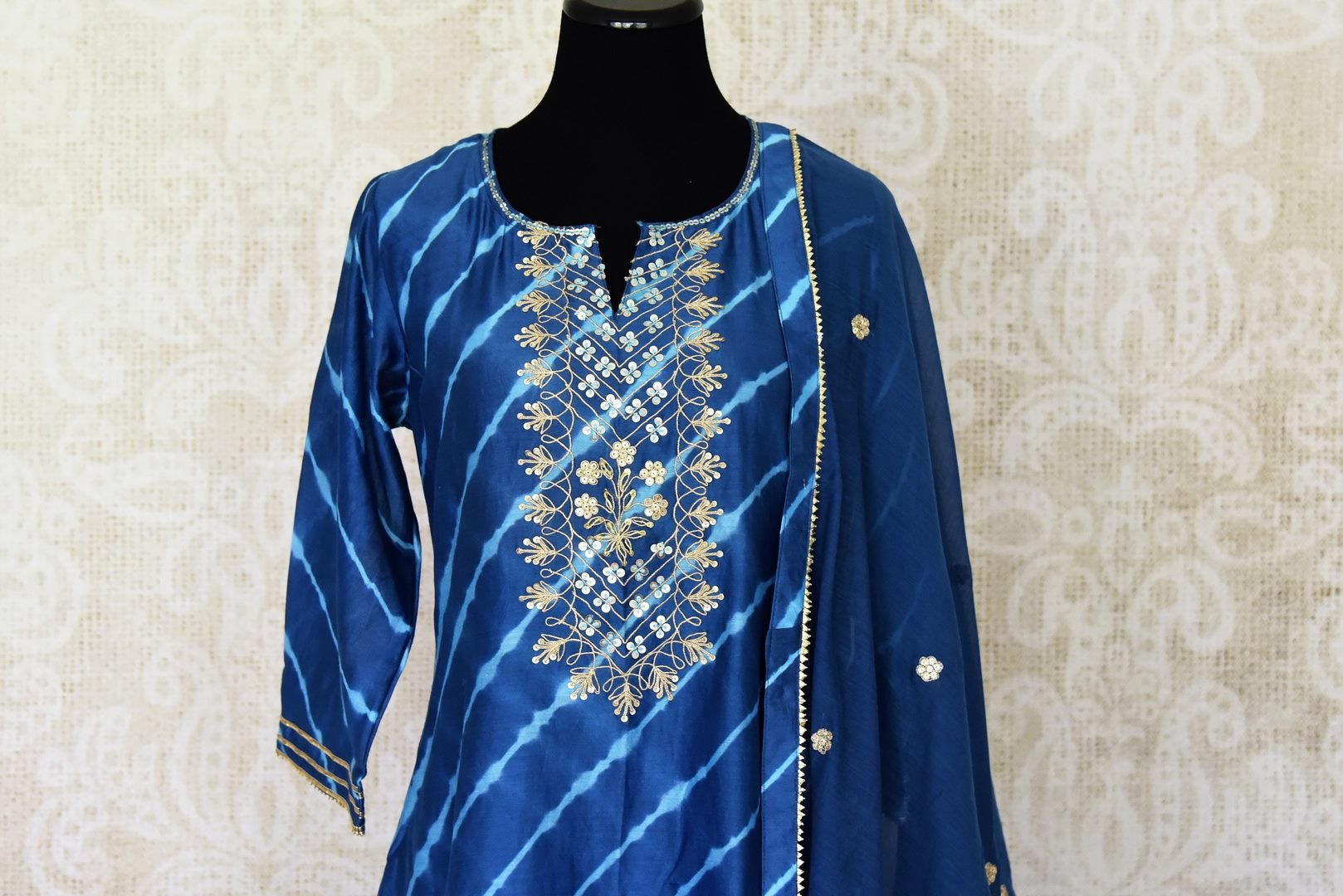 Buy beautiful royal blue chanderi silk sharara suit online in USA with dupatta. Get set to dazzle on festive occasions in this exquisite designer suits, Anarkali dress, sharara suits, salwar suits, palazzo suits from Pure Elegance Indian fashion store in USA.-closeup