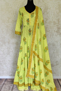 Buy pista green Kalamkari print and gota lace anarkali suit online in USA, Be a vision of style and elegance on festive occasions in designer suits, desinger lehenga, sharara suits, Anarkali suit, designer gowns from Pure Elegance Indian fashion store in USA.-full view