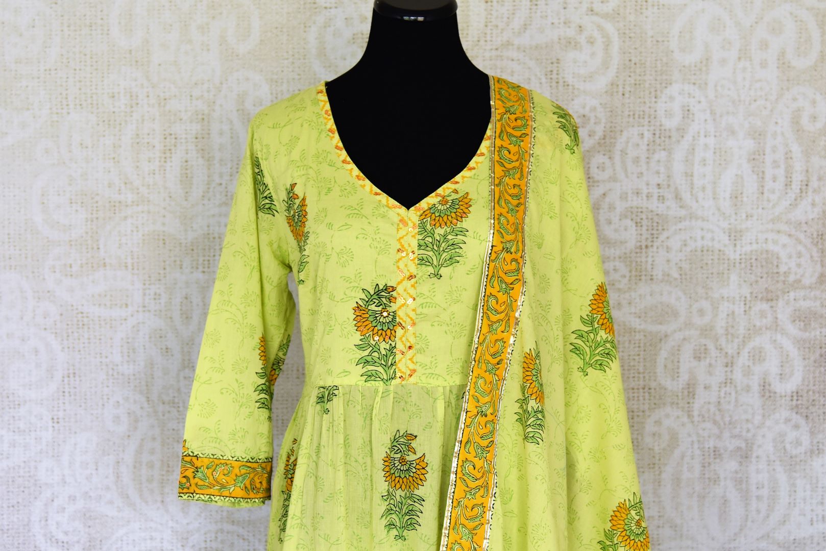 Buy pista green Kalamkari print and gota lace anarkali suit online in USA, Be a vision of style and elegance on festive occasions in designer suits, desinger lehenga, sharara suits, Anarkali suit, designer gowns from Pure Elegance Indian fashion store in USA.-closeup