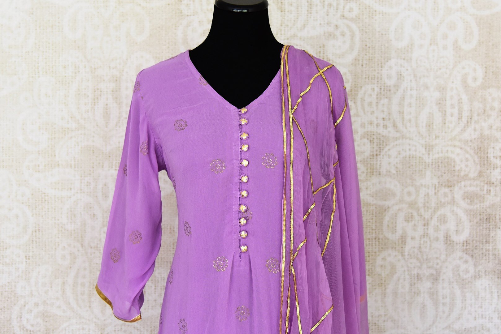 Shop beautiful lavender georgette sharara suit online in USA with gota work and dupatta. Get set to dazzle on festive occasions in this exquisite designer suits, Anarkali dress, sharara suits, salwar suits, palazzo suits from Pure Elegance Indian fashion store in USA.-closeup