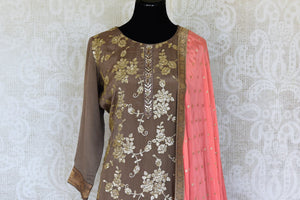 Buy beautiful brown and pink embroidered sharara suit online in USA with dupatta. Add an elegant touch to your ethnic style with beautiful designer suits, Anarkali suits, gharara suits, salwar suits, sharara suits from Pure Elegance Indian fashion store in USA.-closeup