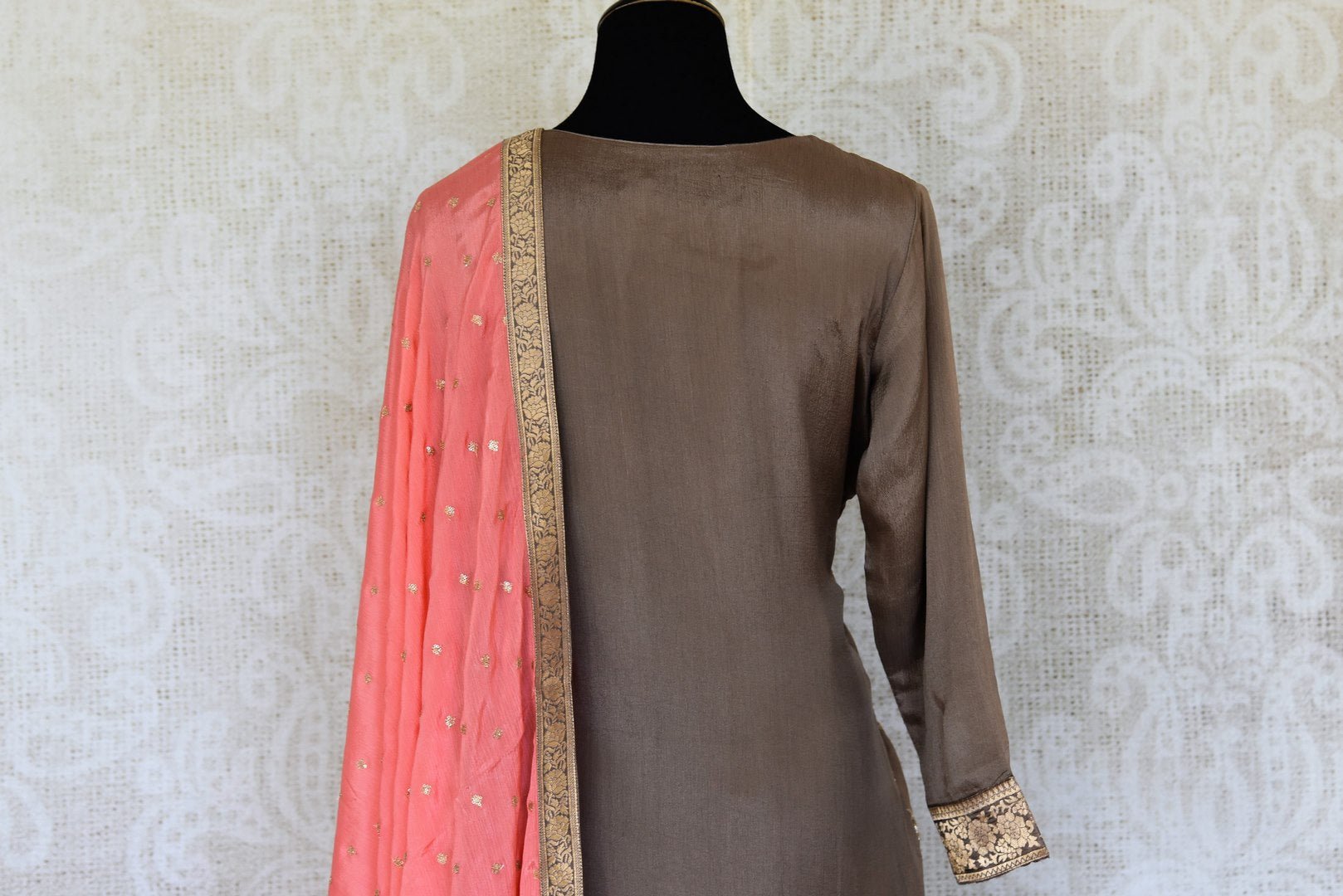 Buy beautiful brown and pink embroidered sharara suit online in USA with dupatta. Add an elegant touch to your ethnic style with beautiful designer suits, Anarkali suits, gharara suits, salwar suits, sharara suits from Pure Elegance Indian fashion store in USA.-back