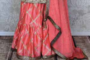 Buy beautiful brown and pink embroidered sharara suit online in USA with dupatta. Add an elegant touch to your ethnic style with beautiful designer suits, Anarkali suits, gharara suits, salwar suits, sharara suits from Pure Elegance Indian fashion store in USA.-gharara