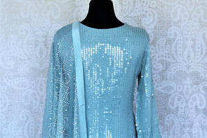 Shop stunning light blue sequin work georgette sharara suit online in USA. Add an elegant touch to your ethnic style with beautiful designer suits, Anarkali suits, gharara suits, salwar suits, sharara suits from Pure Elegance Indian fashion store in USA.-back