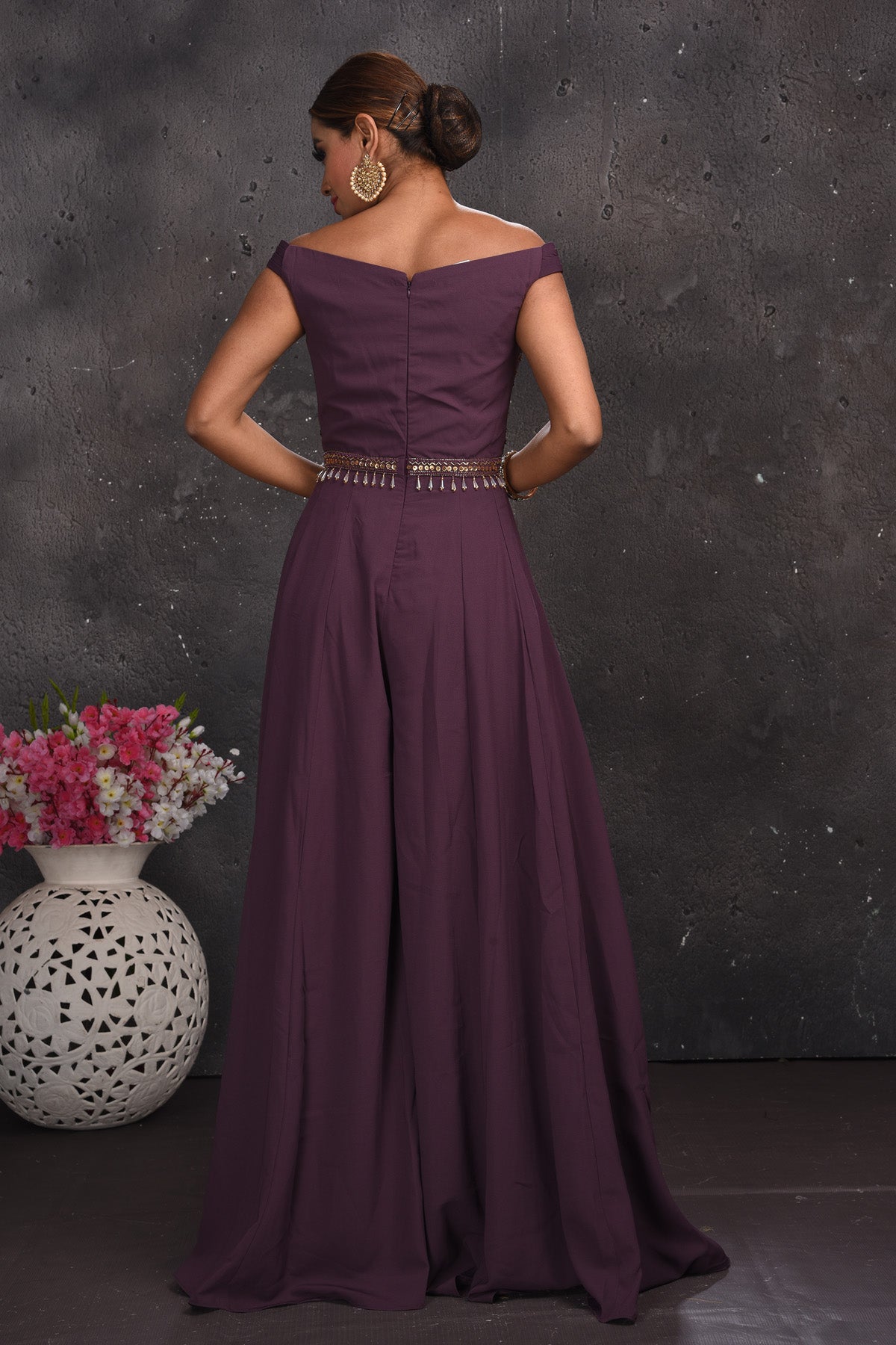 Shop stunning purple off-shoulder embroidered jumpsuit online in USA. Look your best at weddings and special occasions in exclusive designer lehengas, Anarkali suits, sharara suits. designer gowns and Indian dresses from Pure Elegance Indian fashion store in USA.-back