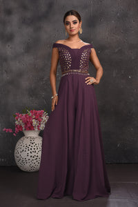 Shop stunning purple off-shoulder embroidered jumpsuit online in USA. Look your best at weddings and special occasions in exclusive designer lehengas, Anarkali suits, sharara suits. designer gowns and Indian dresses from Pure Elegance Indian fashion store in USA.-full view