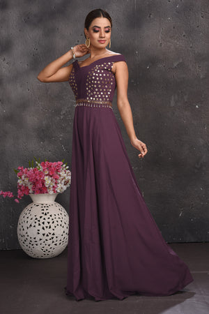 Shop stunning purple off-shoulder embroidered jumpsuit online in USA. Look your best at weddings and special occasions in exclusive designer lehengas, Anarkali suits, sharara suits. designer gowns and Indian dresses from Pure Elegance Indian fashion store in USA.-side