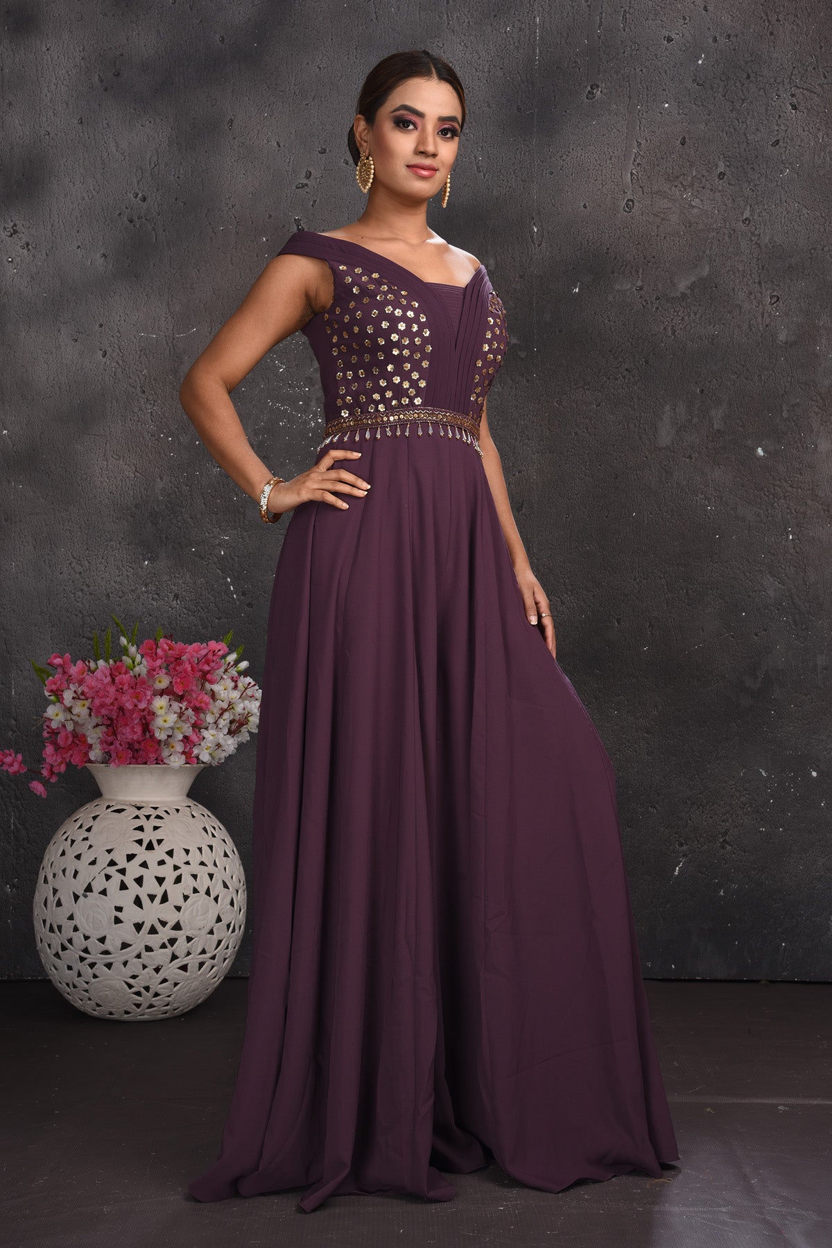 Shop stunning purple off-shoulder embroidered jumpsuit online in USA. Look your best at weddings and special occasions in exclusive designer lehengas, Anarkali suits, sharara suits. designer gowns and Indian dresses from Pure Elegance Indian fashion store in USA.-right