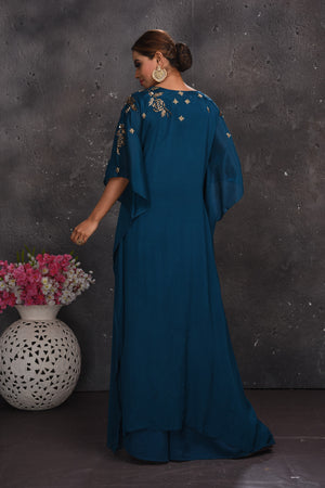 Shop stunning teal green designer kaftaan dress online in USA. Look your best at weddings and special occasions in exclusive designer lehengas, Anarkali suits, sharara suits. designer gowns and Indian dresses from Pure Elegance Indian fashion store in USA.-back
