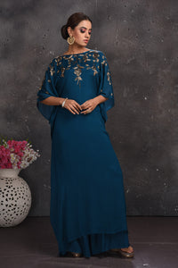 Shop stunning teal green designer kaftaan dress online in USA. Look your best at weddings and special occasions in exclusive designer lehengas, Anarkali suits, sharara suits. designer gowns and Indian dresses from Pure Elegance Indian fashion store in USA.-full view