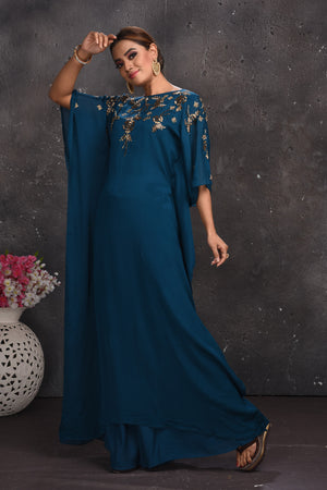 Shop stunning teal green designer kaftaan dress online in USA. Look your best at weddings and special occasions in exclusive designer lehengas, Anarkali suits, sharara suits. designer gowns and Indian dresses from Pure Elegance Indian fashion store in USA.-side