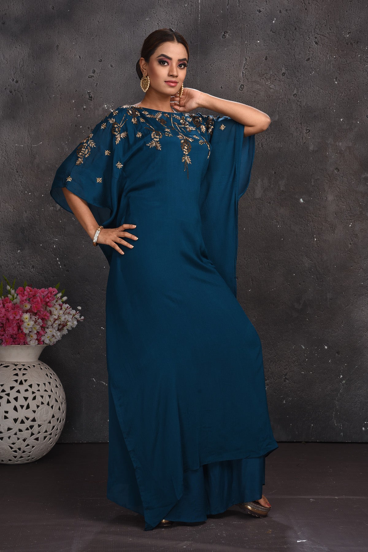 Shop stunning teal green designer kaftaan dress online in USA. Look your best at weddings and special occasions in exclusive designer lehengas, Anarkali suits, sharara suits. designer gowns and Indian dresses from Pure Elegance Indian fashion store in USA.-right