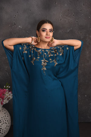 Shop stunning teal green designer kaftaan dress online in USA. Look your best at weddings and special occasions in exclusive designer lehengas, Anarkali suits, sharara suits. designer gowns and Indian dresses from Pure Elegance Indian fashion store in USA.-closeup