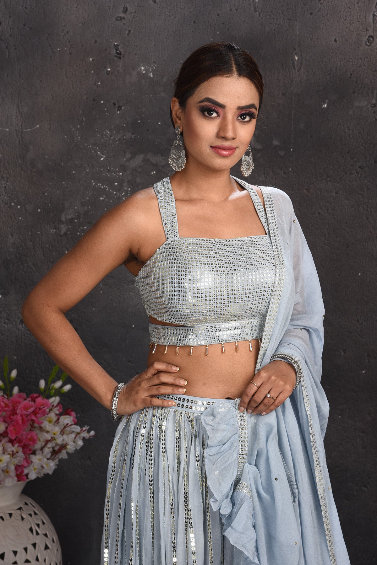 Buy beautiful light grey embellished palazzo crop top online in USA with dupatta. Look your best at weddings and special occasions in exclusive designer lehengas, Anarkali suits, sharara suits. designer gowns and Indian dresses from Pure Elegance Indian fashion store in USA.-closeup