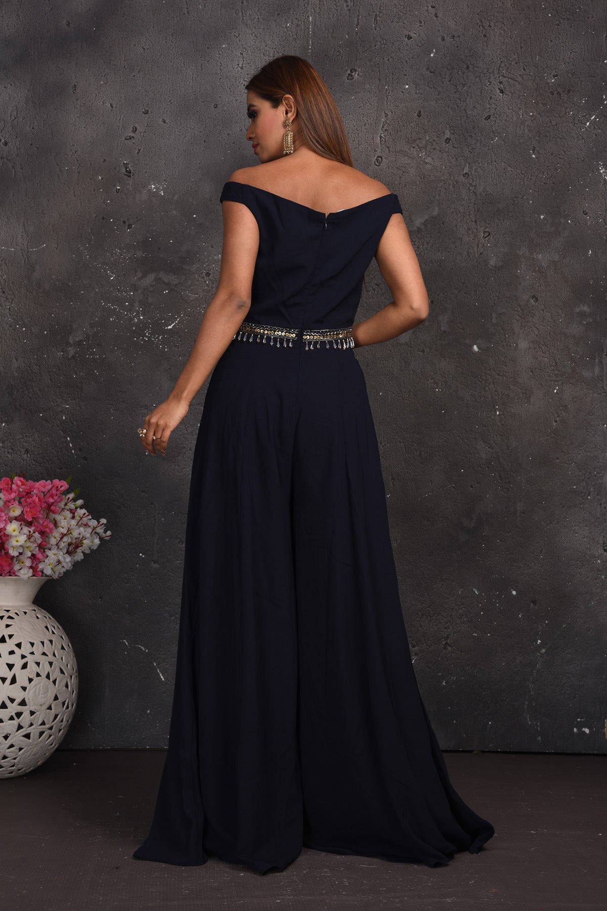 Shop beautiful black embroidered off-shoulder designer jumpsuit online in USA. Look your best at weddings and special occasions in exclusive designer lehengas, Anarkali suits, sharara suits. designer gowns and Indian dresses from Pure Elegance Indian fashion store in USA.-back