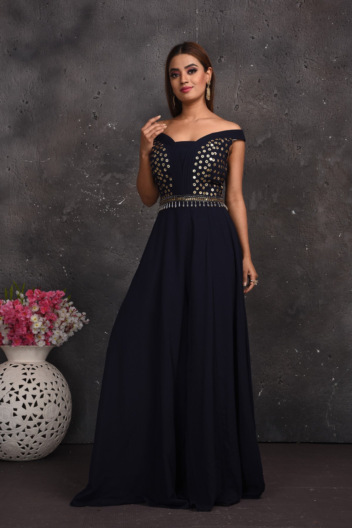 Shop beautiful black embroidered off-shoulder designer jumpsuit online in USA. Look your best at weddings and special occasions in exclusive designer lehengas, Anarkali suits, sharara suits. designer gowns and Indian dresses from Pure Elegance Indian fashion store in USA.-full view