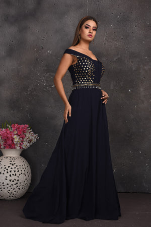 Shop beautiful black embroidered off-shoulder designer jumpsuit online in USA. Look your best at weddings and special occasions in exclusive designer lehengas, Anarkali suits, sharara suits. designer gowns and Indian dresses from Pure Elegance Indian fashion store in USA.-side