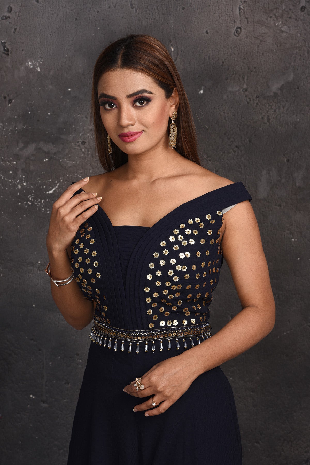 Shop beautiful black embroidered off-shoulder designer jumpsuit online in USA. Look your best at weddings and special occasions in exclusive designer lehengas, Anarkali suits, sharara suits. designer gowns and Indian dresses from Pure Elegance Indian fashion store in USA.-closeup