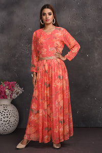 Shop stunning coral printed jumpsuit online in USA with sheer back. Look your best at weddings and special occasions in exclusive designer lehengas, Anarkali suits, sharara suits. designer gowns and Indian dresses from Pure Elegance Indian fashion store in USA.-full view