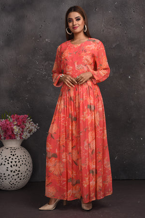 Shop stunning coral printed jumpsuit online in USA with sheer back. Look your best at weddings and special occasions in exclusive designer lehengas, Anarkali suits, sharara suits. designer gowns and Indian dresses from Pure Elegance Indian fashion store in USA.-front