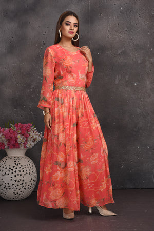 Shop stunning coral printed jumpsuit online in USA with sheer back. Look your best at weddings and special occasions in exclusive designer lehengas, Anarkali suits, sharara suits. designer gowns and Indian dresses from Pure Elegance Indian fashion store in USA.-side