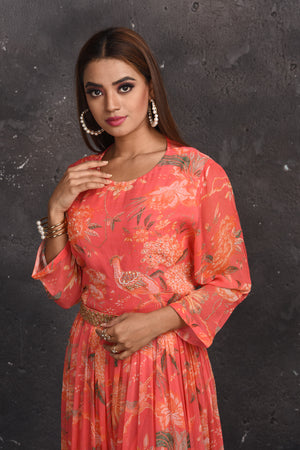 Shop stunning coral printed jumpsuit online in USA with sheer back. Look your best at weddings and special occasions in exclusive designer lehengas, Anarkali suits, sharara suits. designer gowns and Indian dresses from Pure Elegance Indian fashion store in USA.-closeup