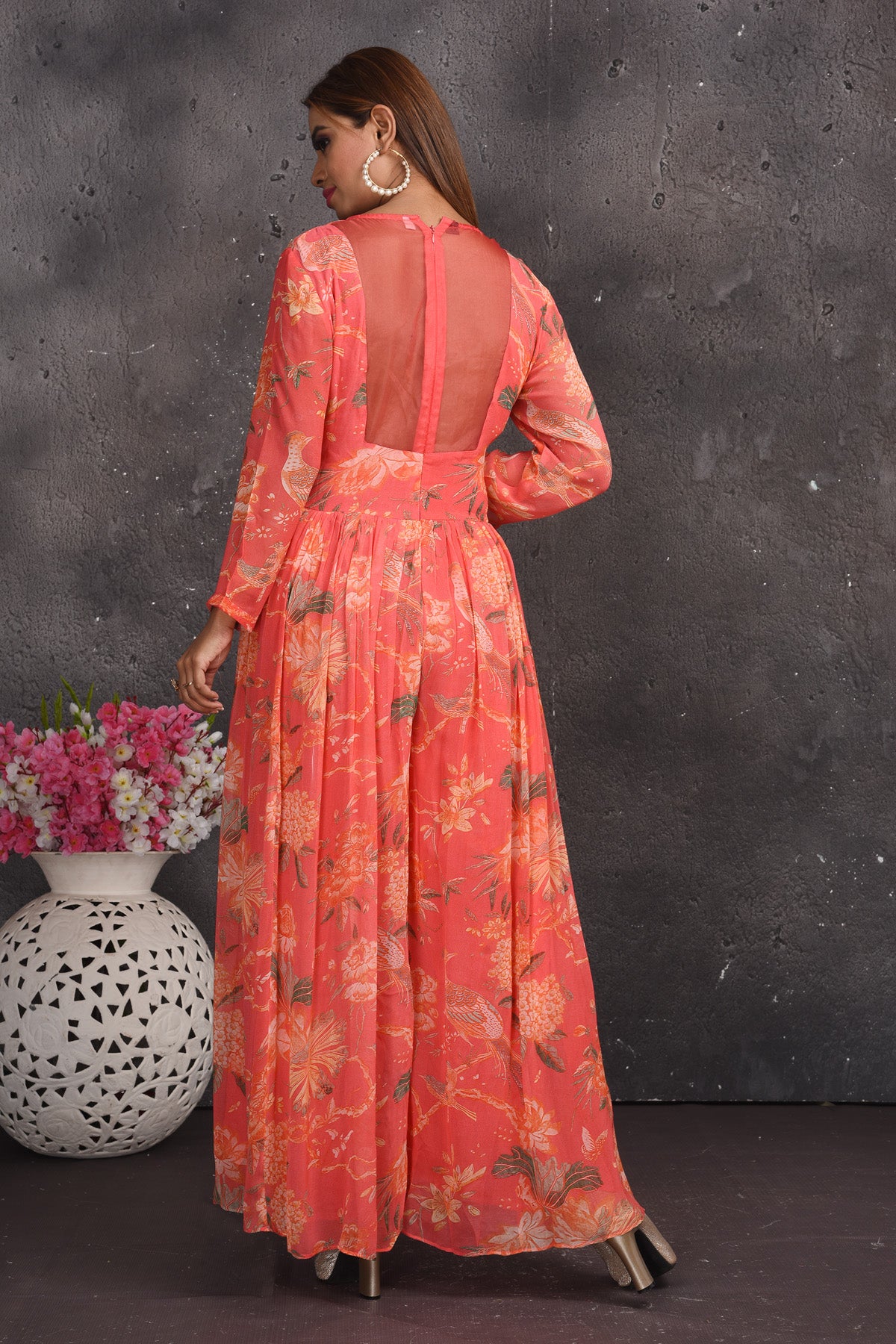 Shop stunning coral printed jumpsuit online in USA with sheer back. Look your best at weddings and special occasions in exclusive designer lehengas, Anarkali suits, sharara suits. designer gowns and Indian dresses from Pure Elegance Indian fashion store in USA.-back