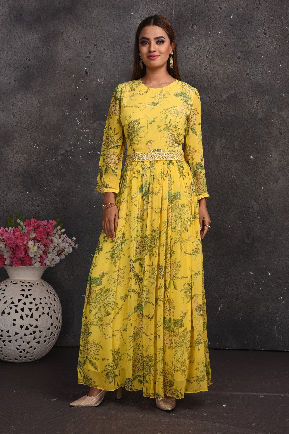 Shop beautiful light yellow floral jumpsuit online in USA with sheer back. Look your best at weddings and special occasions in exclusive designer lehengas, Anarkali suits, sharara suits. designer gowns and Indian dresses from Pure Elegance Indian fashion store in USA.-full view