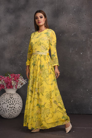 Shop beautiful light yellow floral jumpsuit online in USA with sheer back. Look your best at weddings and special occasions in exclusive designer lehengas, Anarkali suits, sharara suits. designer gowns and Indian dresses from Pure Elegance Indian fashion store in USA.-side