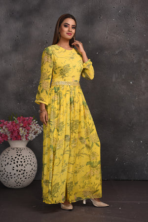 Shop beautiful light yellow floral jumpsuit online in USA with sheer back. Look your best at weddings and special occasions in exclusive designer lehengas, Anarkali suits, sharara suits. designer gowns and Indian dresses from Pure Elegance Indian fashion store in USA.-right