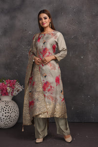 Buy stunning grey floral print palazzo suit online in USA. Look your best at weddings and special occasions in exclusive designer lehengas, Anarkali suits, sharara suits. designer gowns and Indian dresses from Pure Elegance Indian fashion store in USA.-full view