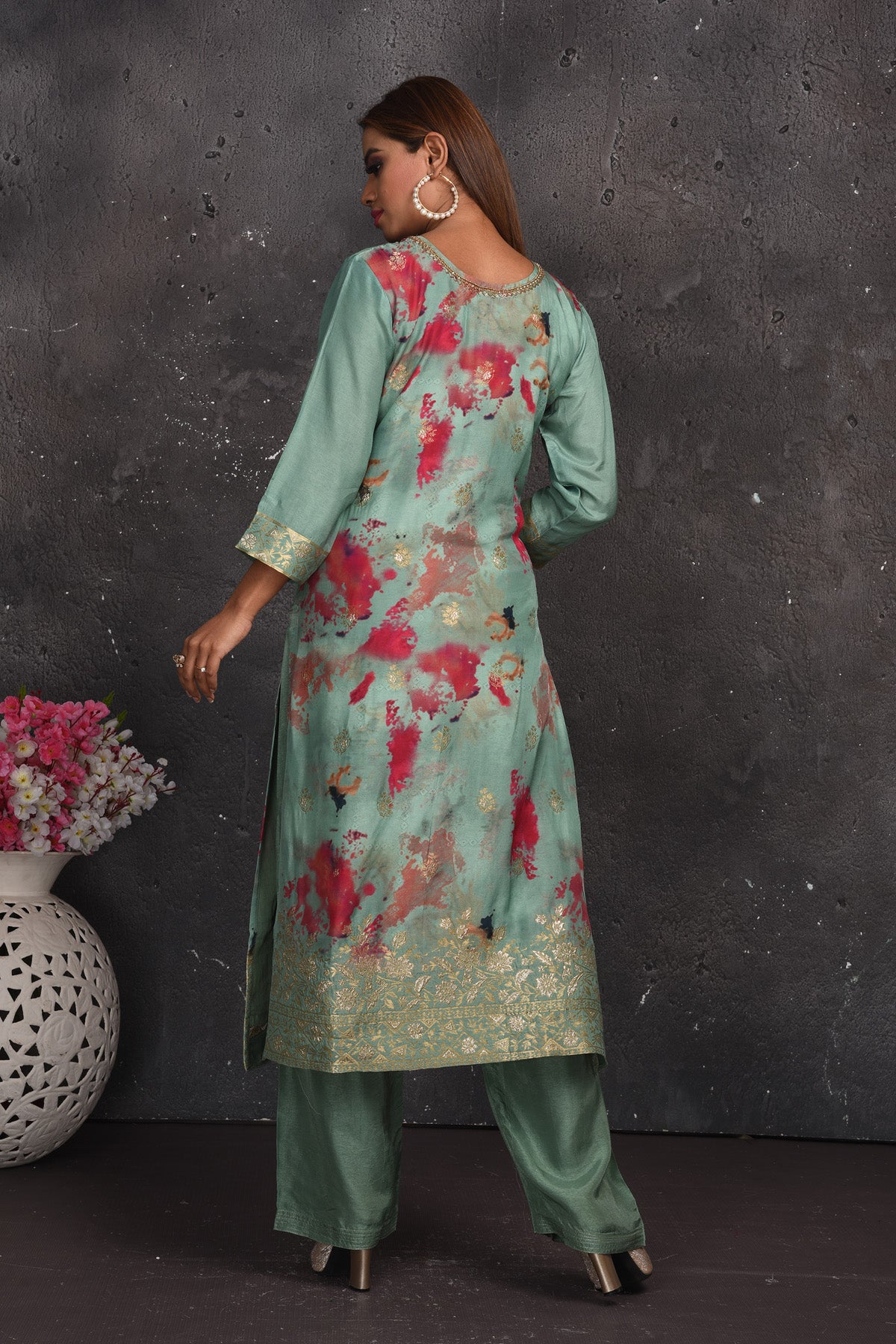 Shop stunning green floral print palazzo suit online in USA. Look your best at weddings and special occasions in exclusive designer lehengas, Anarkali suits, sharara suits. designer gowns and Indian dresses from Pure Elegance Indian fashion store in USA.-back