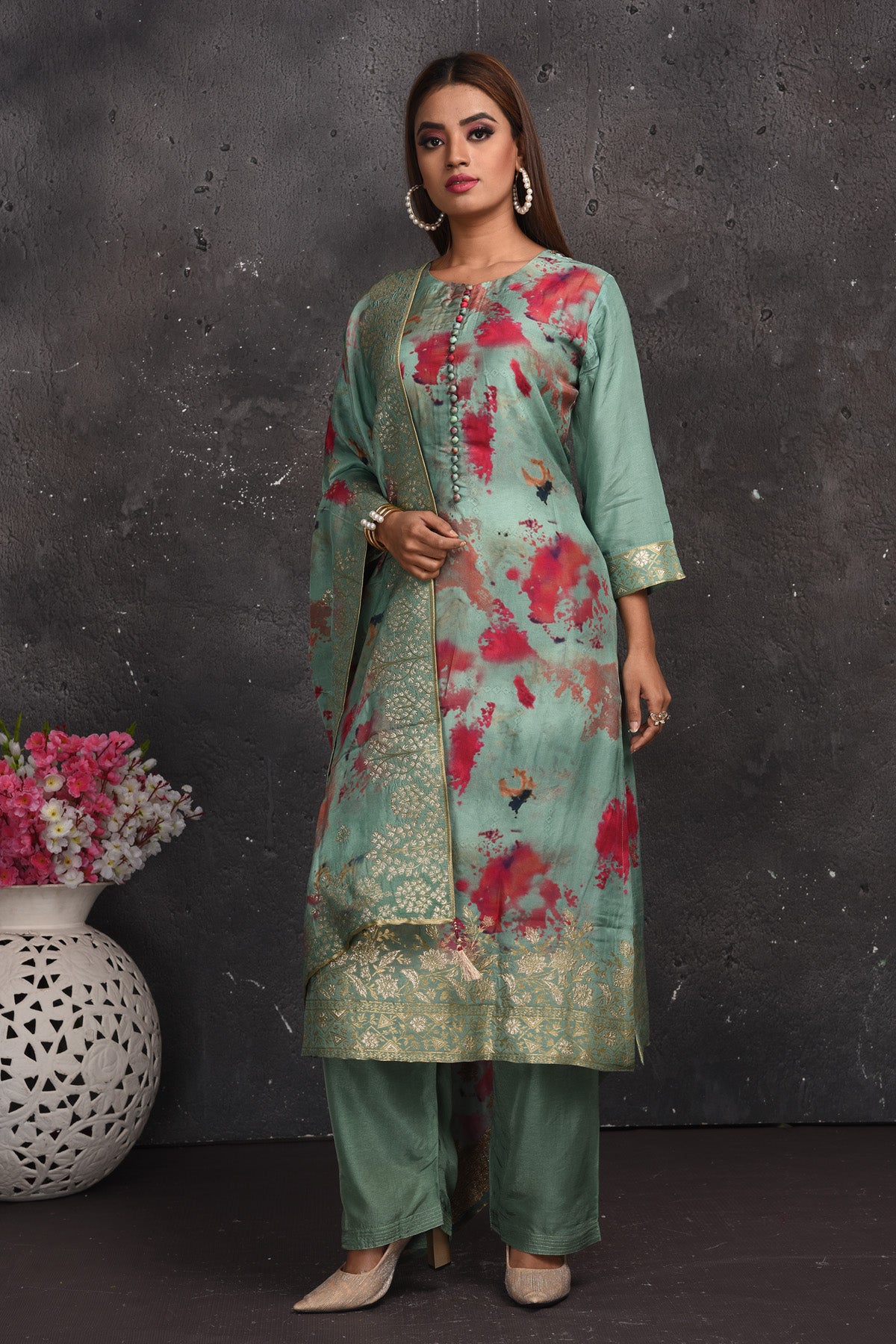 Shop stunning green floral print palazzo suit online in USA. Look your best at weddings and special occasions in exclusive designer lehengas, Anarkali suits, sharara suits. designer gowns and Indian dresses from Pure Elegance Indian fashion store in USA.-full view