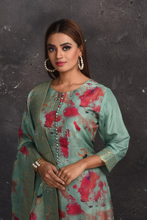 Shop stunning green floral print palazzo suit online in USA. Look your best at weddings and special occasions in exclusive designer lehengas, Anarkali suits, sharara suits. designer gowns and Indian dresses from Pure Elegance Indian fashion store in USA.-closeup