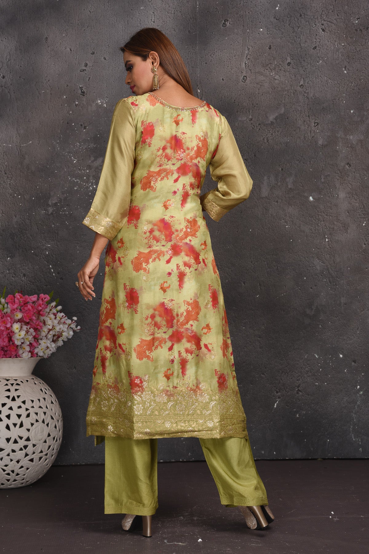 Buy elegant pista green floral print palazzo suit online in USA with dupatta. Look your best at weddings and special occasions in exclusive designer lehengas, Anarkali suits, sharara suits. designer gowns and Indian dresses from Pure Elegance Indian fashion store in USA.-back