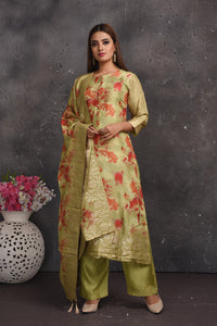 Buy elegant pista green floral print palazzo suit online in USA with dupatta. Look your best at weddings and special occasions in exclusive designer lehengas, Anarkali suits, sharara suits. designer gowns and Indian dresses from Pure Elegance Indian fashion store in USA.-full view