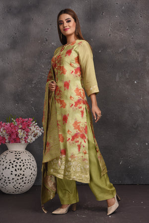 Buy elegant pista green floral print palazzo suit online in USA with dupatta. Look your best at weddings and special occasions in exclusive designer lehengas, Anarkali suits, sharara suits. designer gowns and Indian dresses from Pure Elegance Indian fashion store in USA.-side