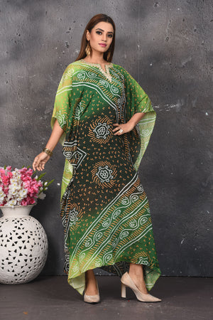 Shop stunning mehendi and parrot green bandhej kaftaan dress online in USA. Be party ready with exclusive designer wear outfits. Indian designer suits, Anarkali dresses, palazzo suits, sharara suits from Pure Elegance Indian fashion store in USA.-side