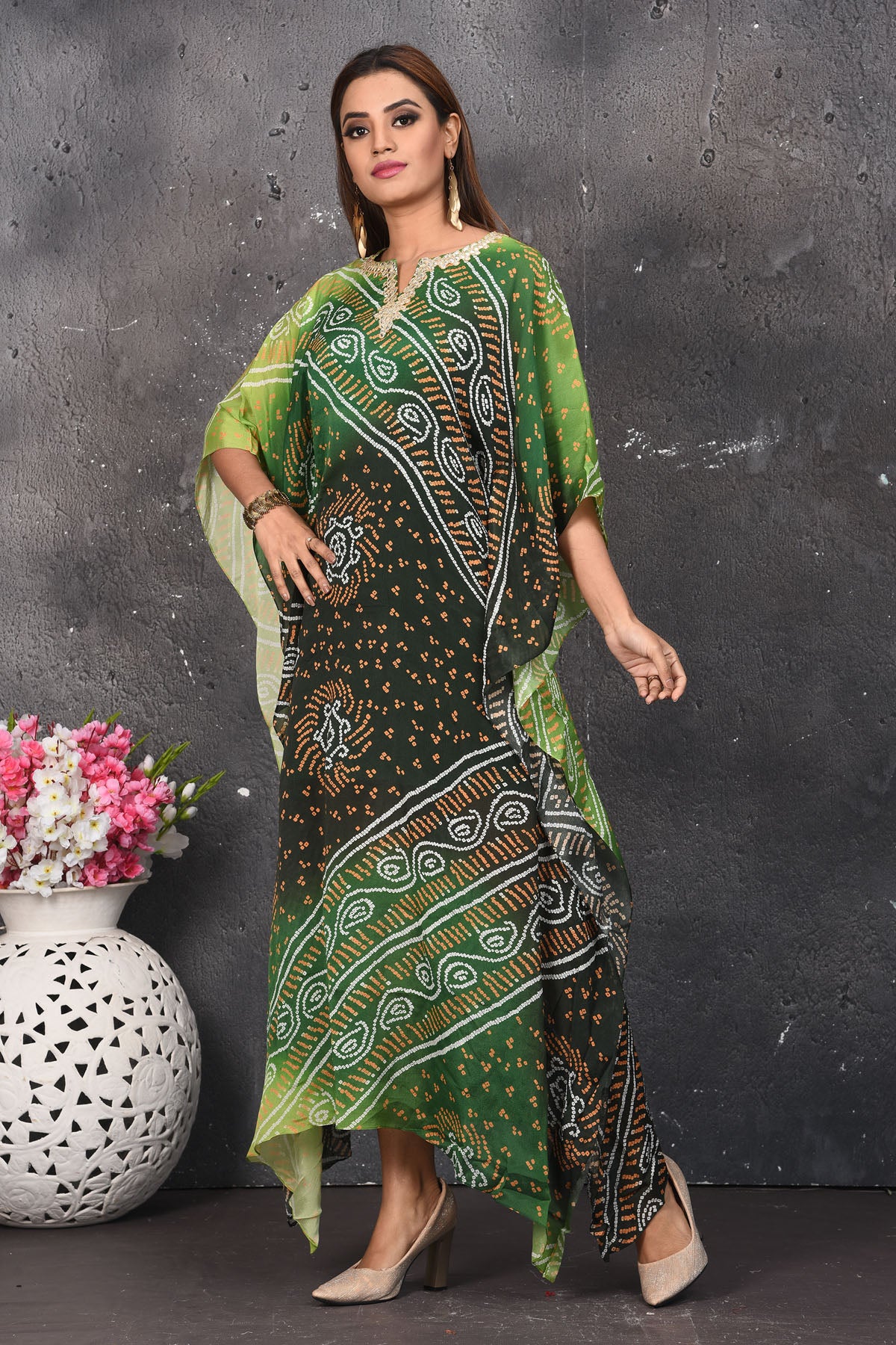 Shop stunning mehendi and parrot green bandhej kaftaan dress online in USA. Be party ready with exclusive designer wear outfits. Indian designer suits, Anarkali dresses, palazzo suits, sharara suits from Pure Elegance Indian fashion store in USA.-left