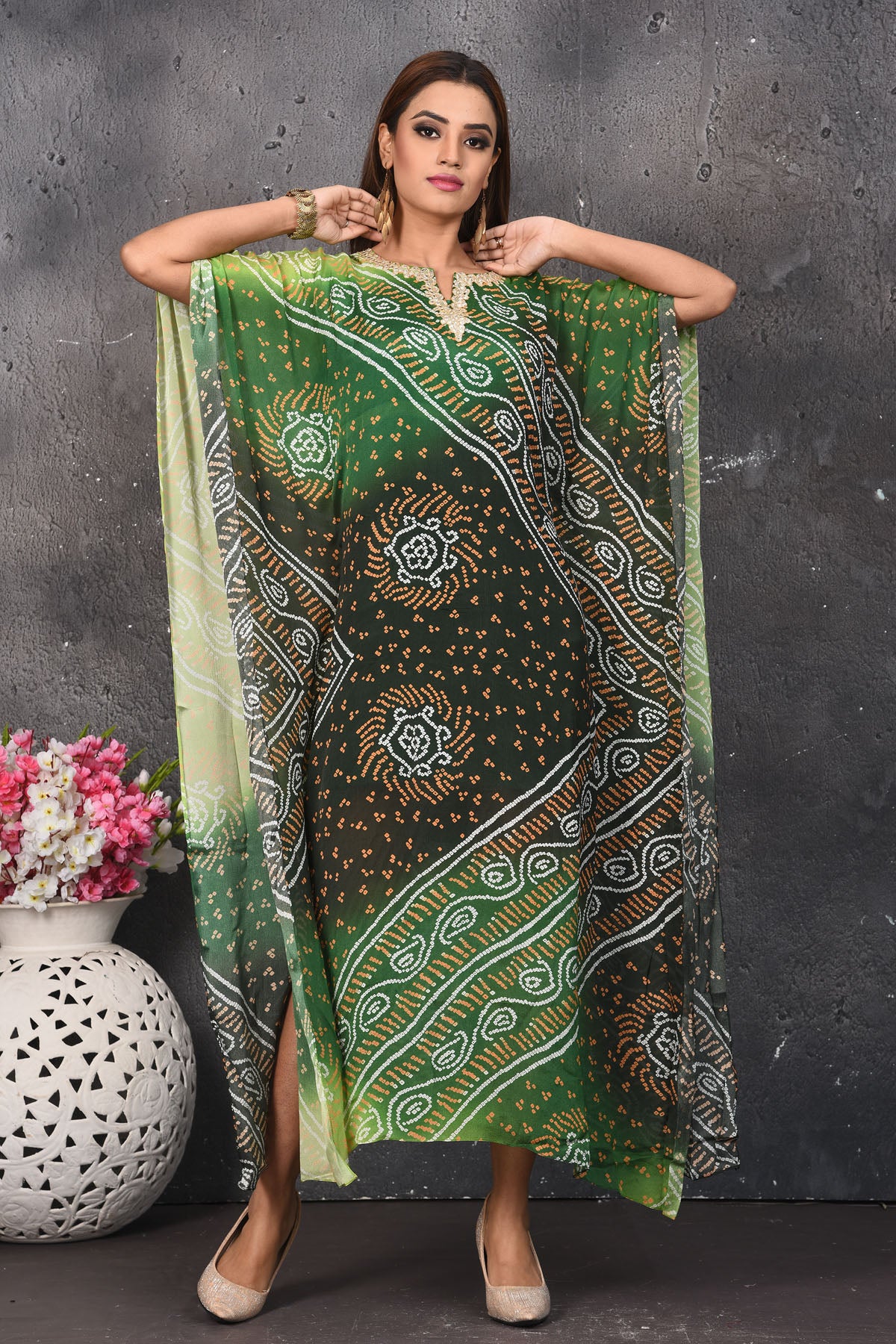 Shop Mehendi and Parrot Green Bandhej Kaftaan Dress Online in USA Pure Elegance Shop Mehendi and Parrot Green Bandhej Kaftaan Dress Online in USA Pure Elegance